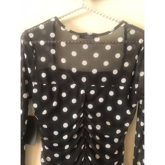 NWT Caution to the Wind Size M Black White Polka Dot Mesh Ruched Dress Bodycon - Picture 4 of 7